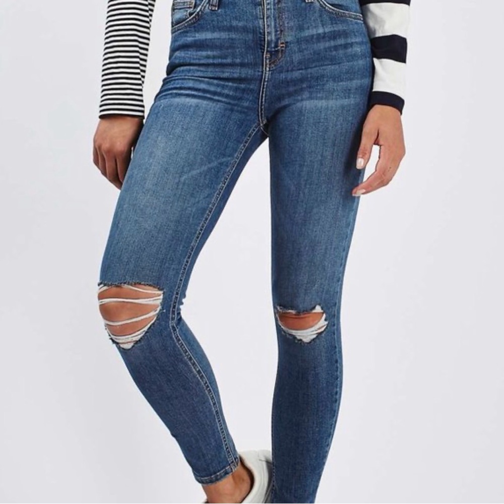 Topshop Blue High-Rise Ripped Skinny Jeans